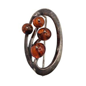 Vtg Oval Silver Tone Fall Berries Amber Tone Beaded Mid Century Style Brooch Pin